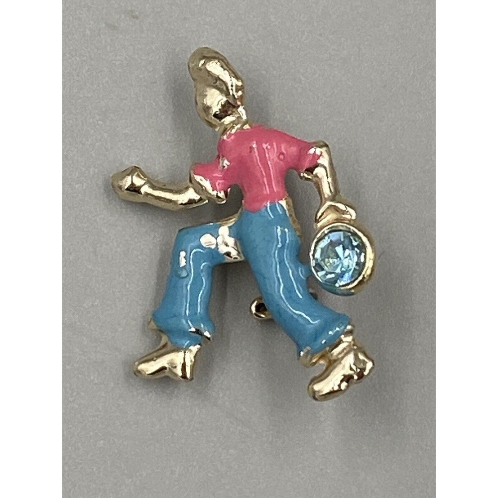 Vintage Retro Pink Blue Enamel Person Bowling Bowler Pin Brooch READ DESCRIPTION